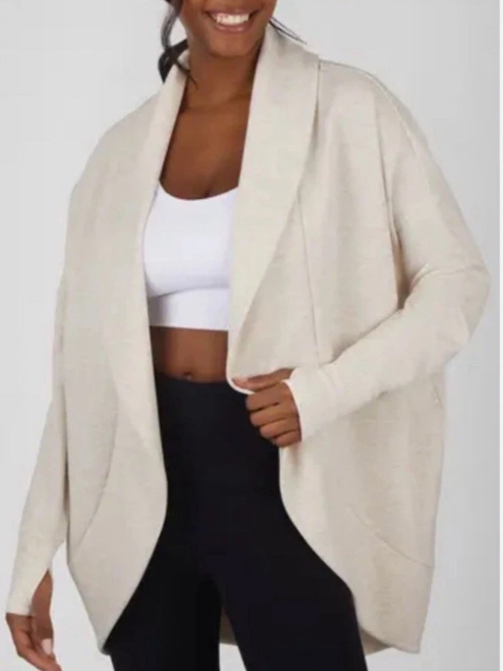 Yogalicious Lux Scuba London Cardigan Tan Beige Open Front Drape Jacket Medium